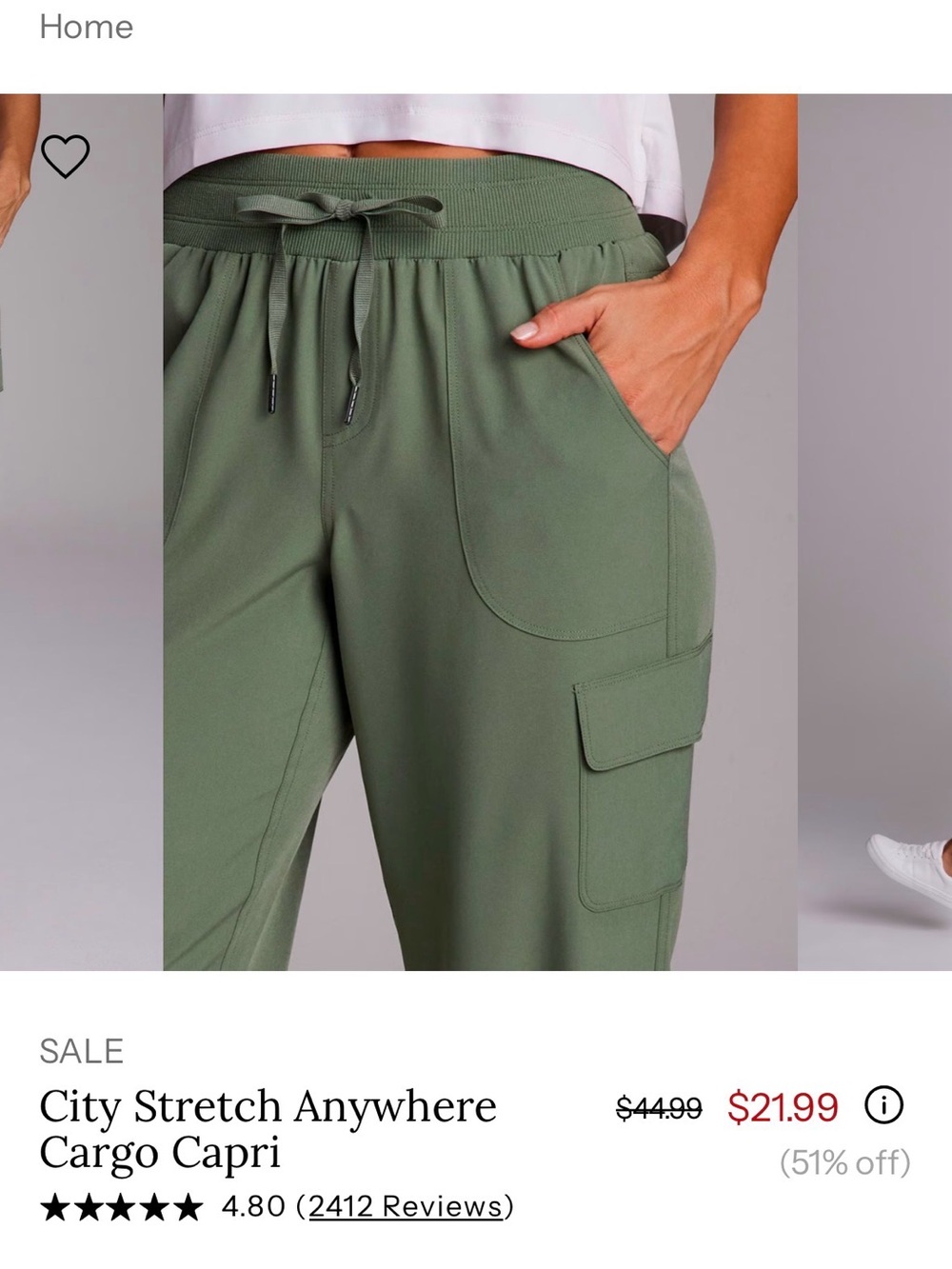 RBX Olive Green Drawstring Cargo Capri